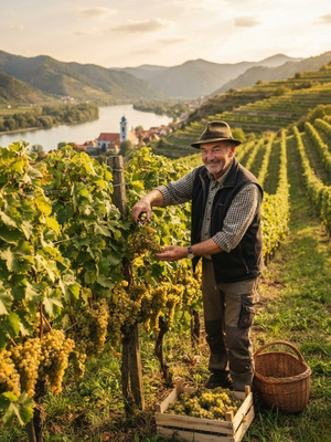 Grüner Veltliner wird hergestellt von Mann auf Weinrebe